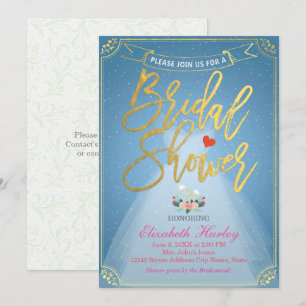 Bridal Shower Floral Bride Dress Diamond Ring Blue Invitation