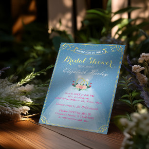 Bridal Shower Floral Bride Dress Diamond Ring Blue Invitation
