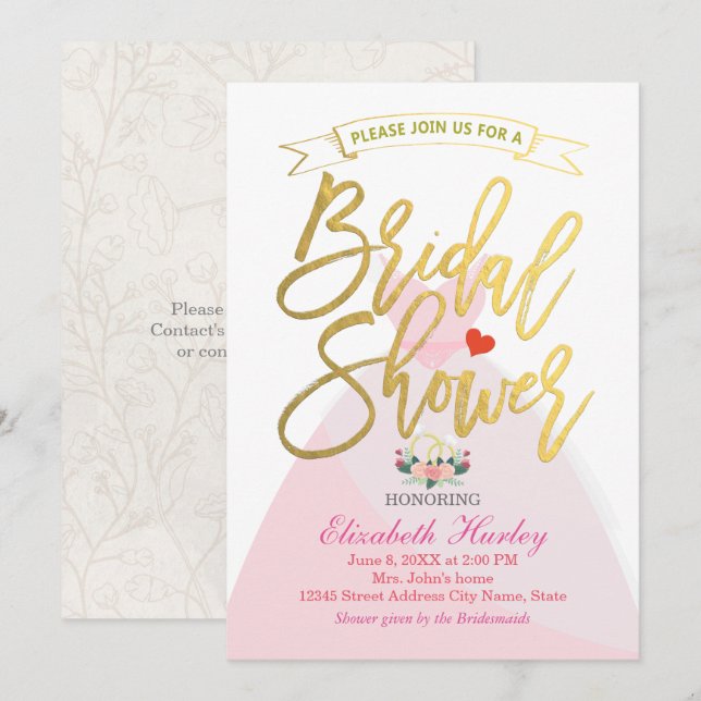 Bridal Shower Floral Bride Dress Diamond Ring Invitation (Front/Back)