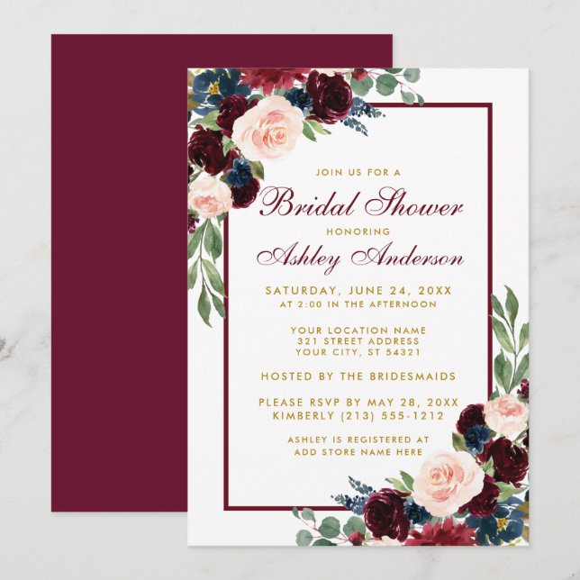 Bridal Shower Floral Burgundy Blue Gold Invite (Front/Back)