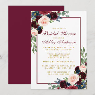 Bridal Shower Floral Burgundy Blue Gold Invite