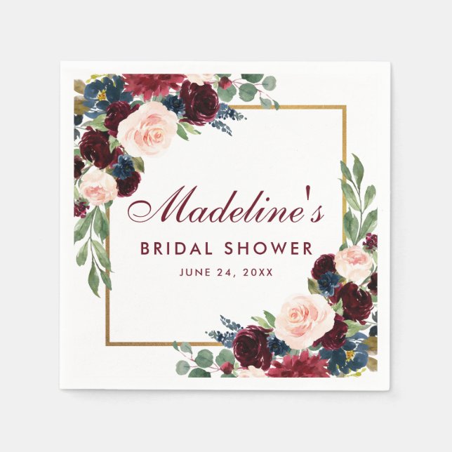 Bridal Shower Floral Burgundy Blue Gold White Napkin (Front)