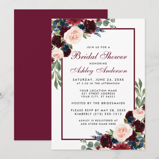 Bridal Shower Floral Burgundy Blue Invitation (Front/Back)