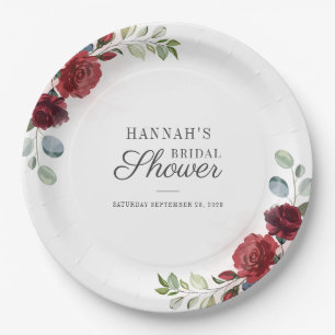 Bridal Shower Floral Burgundy Watercolor Blush Paper Plate