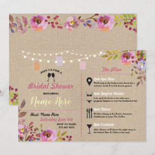 Bridal Shower Floral Burlap Jars Pink Itinerary Invitation