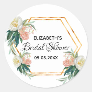 Bridal Shower floral coral gold geometric roses Classic Round Sticker