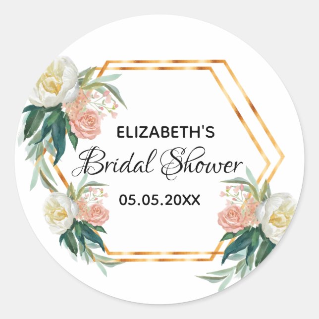 Bridal Shower floral coral gold geometric roses Classic Round Sticker (Front)