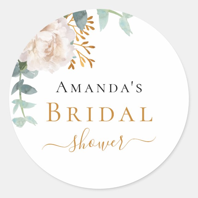 Bridal Shower floral eucalyptus greenery white Classic Round Sticker (Front)