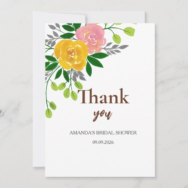 Bridal Shower floral eucalyptus rose gold pink  Thank You Card (Front)
