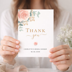 Bridal Shower floral eucalyptus rose gold pink Thank You Card