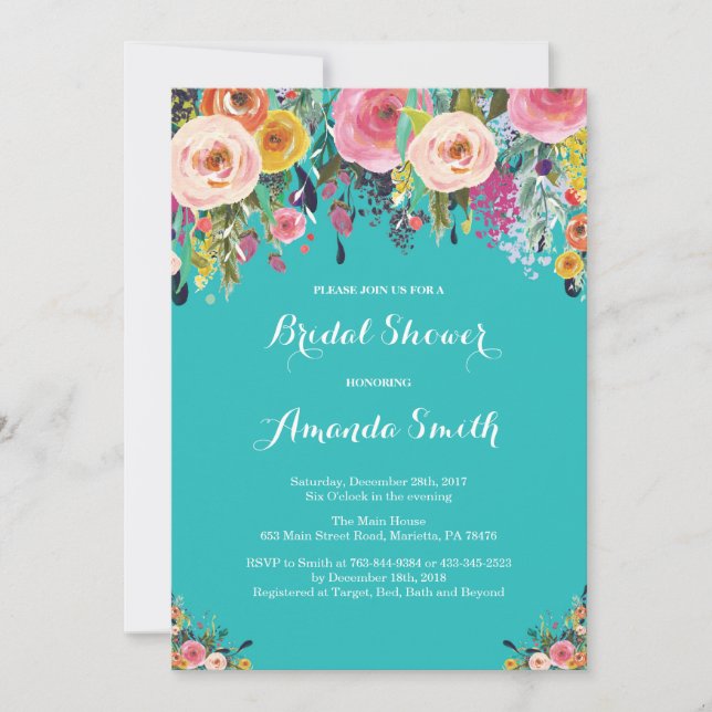 Bridal Shower Floral Flowers Teal Turquoise Aqua Invitation (Front)