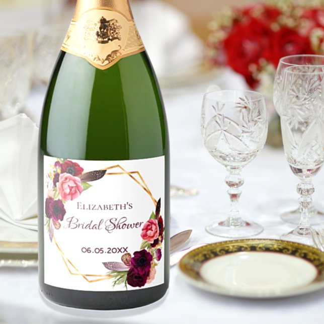 Bridal shower floral geometric white burgundy sparkling wine label (Creator Uploaded)