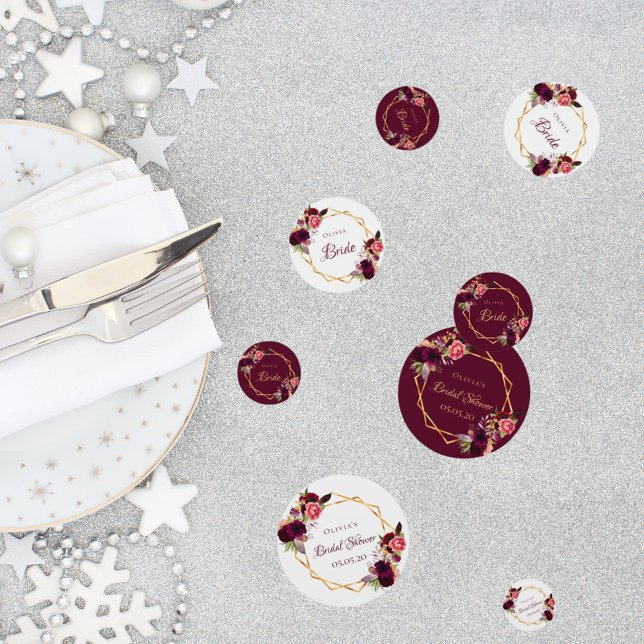 Bridal shower floral gold geometric burgundy name confetti (Creator Uploaded)