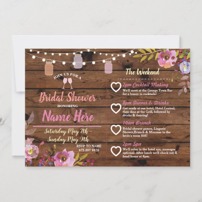 Bridal Shower Floral Jars Pink Itinerary Wood Invitation (Front)