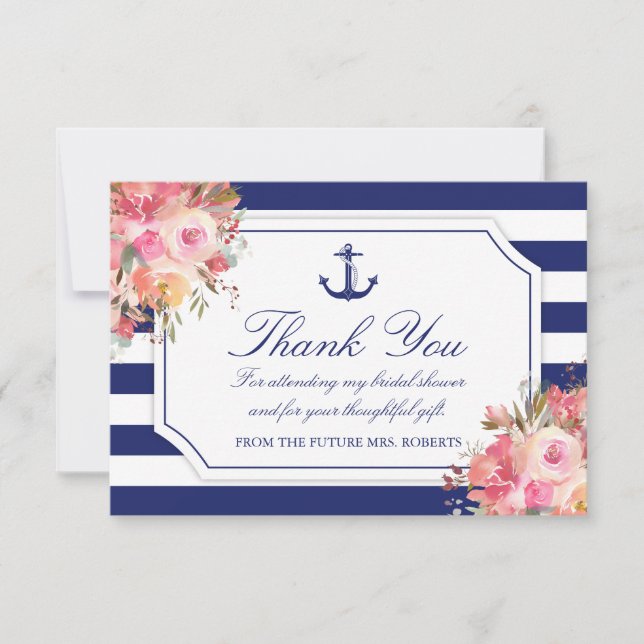 Bridal Shower Floral Nautical Anchor Blue Stripe Thank You Card (Front)