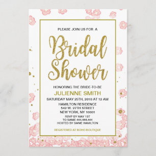 Bridal Shower Floral Pink and Gold Glitter Invitation
