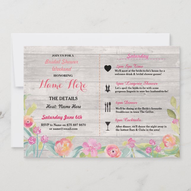 Bridal Shower Floral Pink Itinerary Invite (Front)