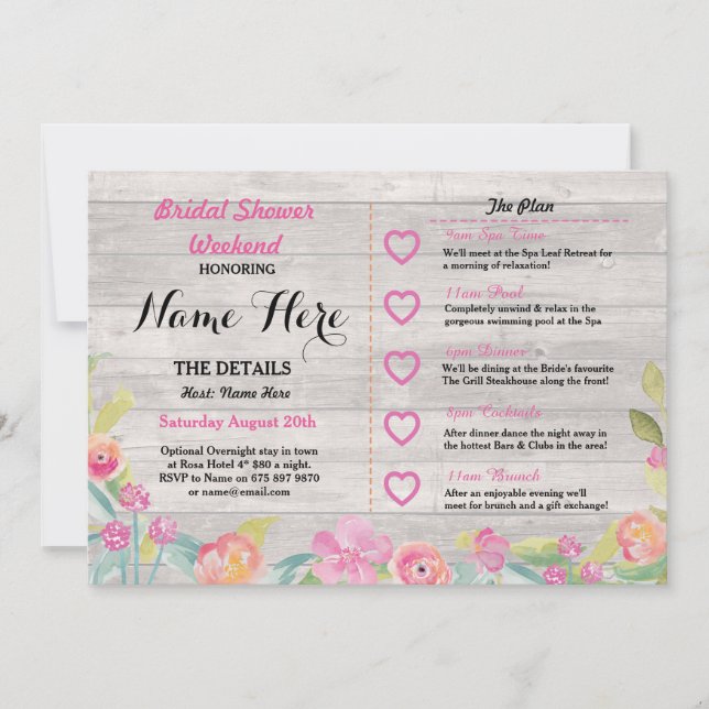 Bridal Shower Floral Rustic Wood Pink Invite (Front)