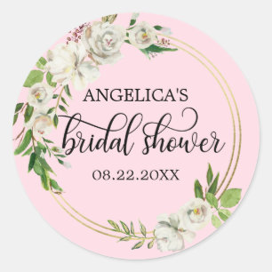 Bridal Shower Floral Watercolor White Ivory Pink Classic Round Sticker