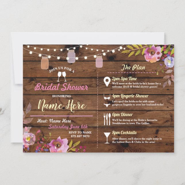 Bridal Shower Floral Wood Jars Pink Itinerary Invitation (Front)
