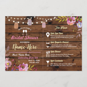 Bridal Shower Floral Wood Jars Pink Itinerary Invitation