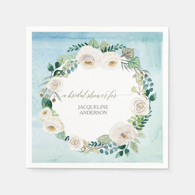 Bridal Shower Floral Wreath Blue Ivory Rose Rustic Napkin (Front)