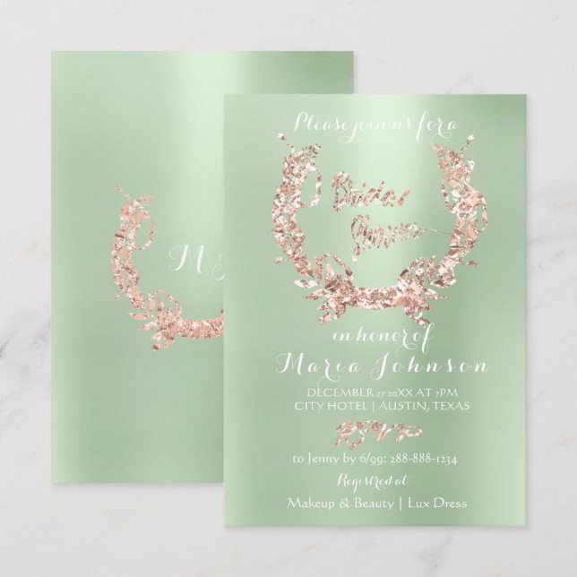 Bridal Shower Floral Wreath Rose Gold Mint Green Invitation (Front/Back)