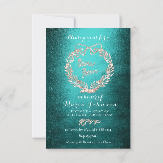 Bridal Shower Floral Wreath Rose Gold Teal Invitation (Front)