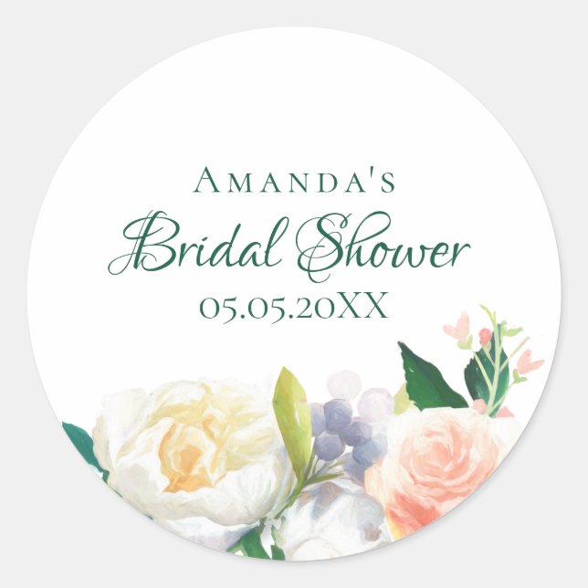 Bridal Shower florals blush pink name Classic Round Sticker (Front)