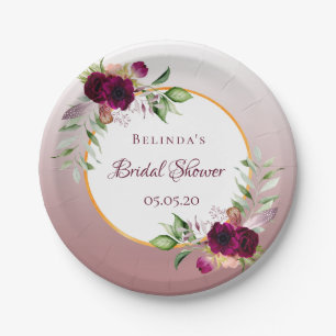 Bridal Shower florals burgundy cinnamon rose white Paper Plate