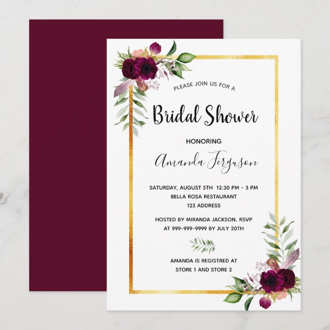 Bridal shower florals burgundy greenery boho invitation (Front/Back)