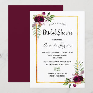Bridal shower florals burgundy greenery boho invitation