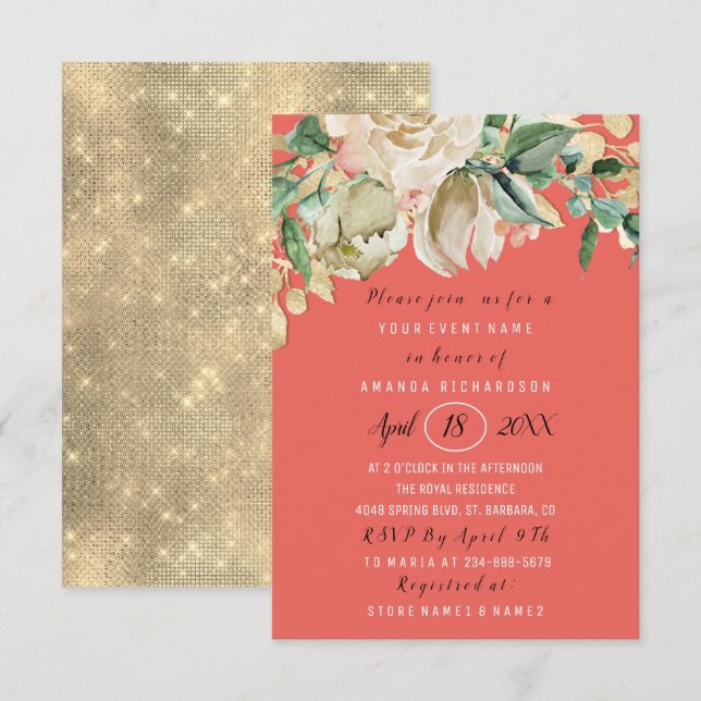 Bridal Shower Flower Brunch Coral Green Mint Rose Invitation (Front/Back)