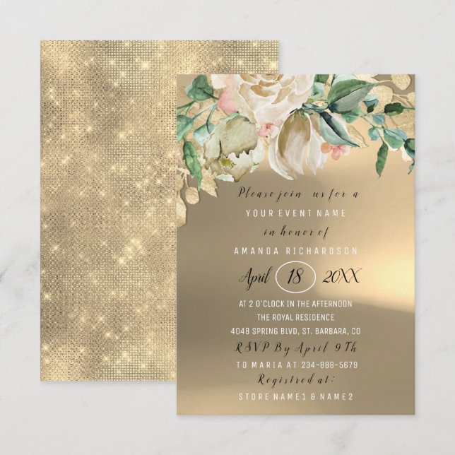Bridal Shower Flower Brunch Green Gold Rose Rustic Invitation (Front/Back)