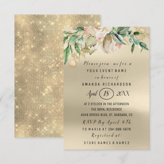 Bridal Shower Flower Brunch Green Gold Watercolor Invitation (Front/Back)