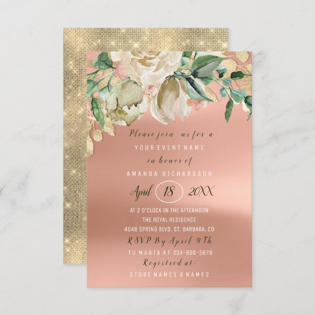 Bridal Shower Flower Brunch Green Peach Gold Roses Invitation (Front/Back)