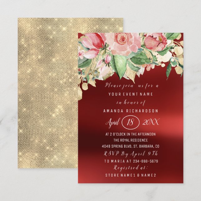 Bridal Shower Flower Brunch Greenery Gold Marsala Invitation (Front/Back)