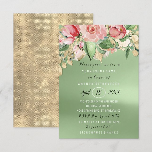 Bridal Shower Flower Brunch Greenery Gold Mint Pin Invitation (Front/Back)