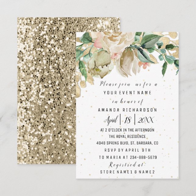 Bridal Shower Flower Brunch Greenery White Glitter Invitation (Front/Back)
