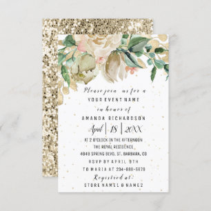 Bridal Shower Flower Brunch Greenery White Glitter Invitation