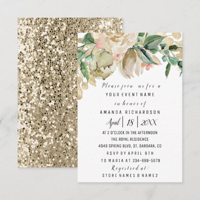 Bridal Shower Flower Brunch Greenery White Glitter Invitation (Front/Back)