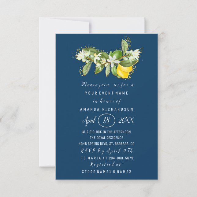Bridal Shower Flower Brunch Lemon Green Blue Invitation (Front)