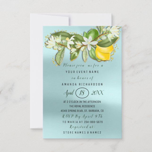 Bridal Shower Flower Brunch Lemon Green Gold Invitation (Front)