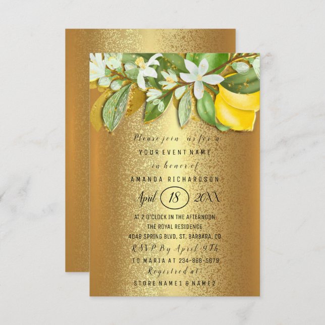 Bridal Shower Flower Brunch Lemon Tree Gold  Invitation (Front/Back)