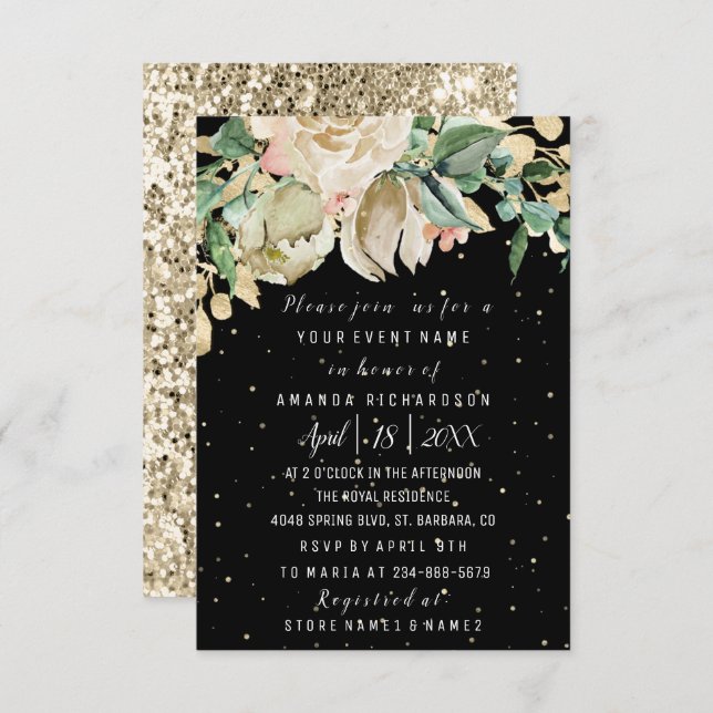 Bridal Shower Flower Brunch Mint Black Watercolor Invitation (Front/Back)