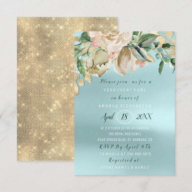 Bridal Shower Flower Brunch Mint Roses Blue Invitation (Front/Back)
