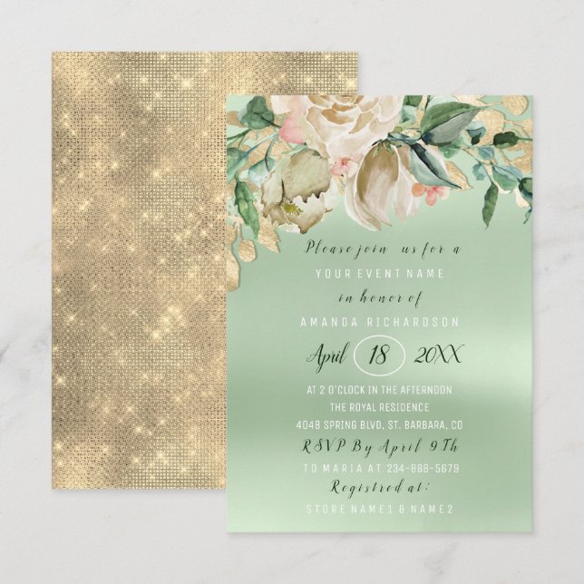 Bridal Shower Flower Brunch Mint Watercolor Gold Invitation (Front/Back)