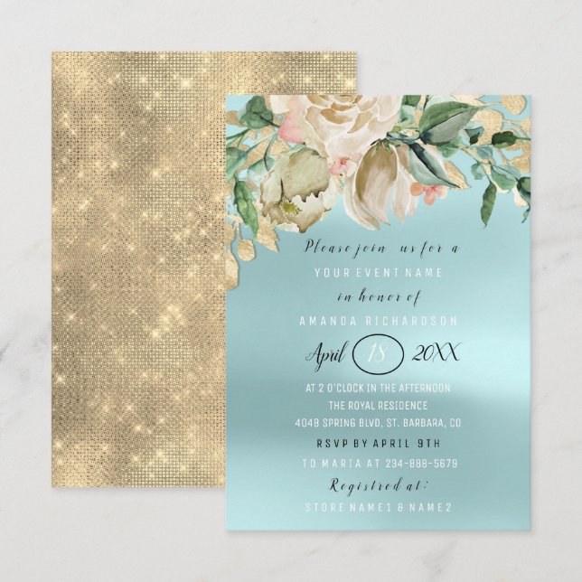 Bridal Shower Flower Brunch Spark Gold Aqua Invitation (Front/Back)
