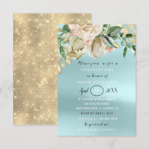 Bridal Shower Flower Brunch Spark Gold Aqua Invitation