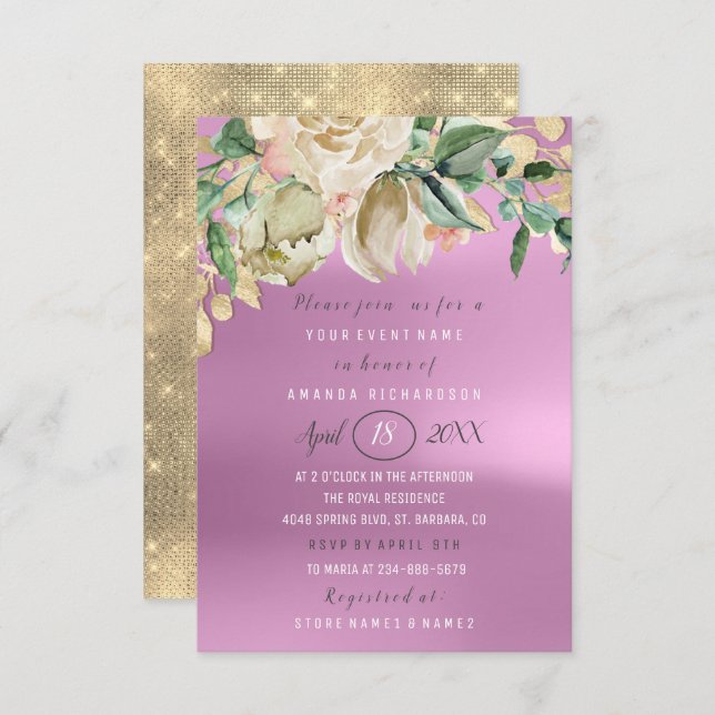 Bridal Shower Flower Brunch Spark Gold Purple Invitation (Front/Back)